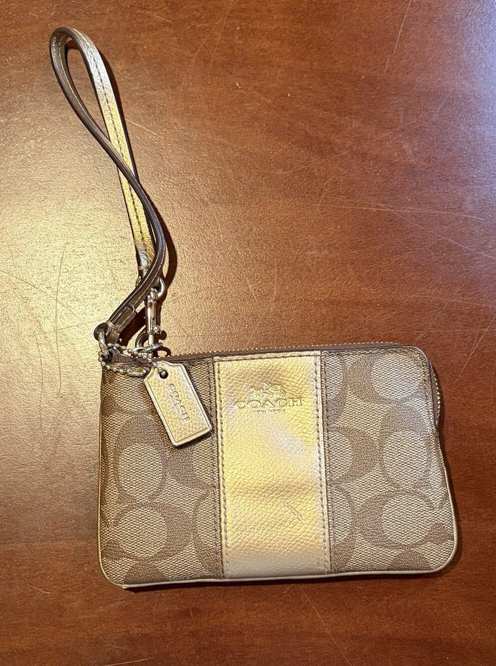 Coach Signature Logo Zip Wristlet Wallet Brown/Gold w/ Wrist Strap